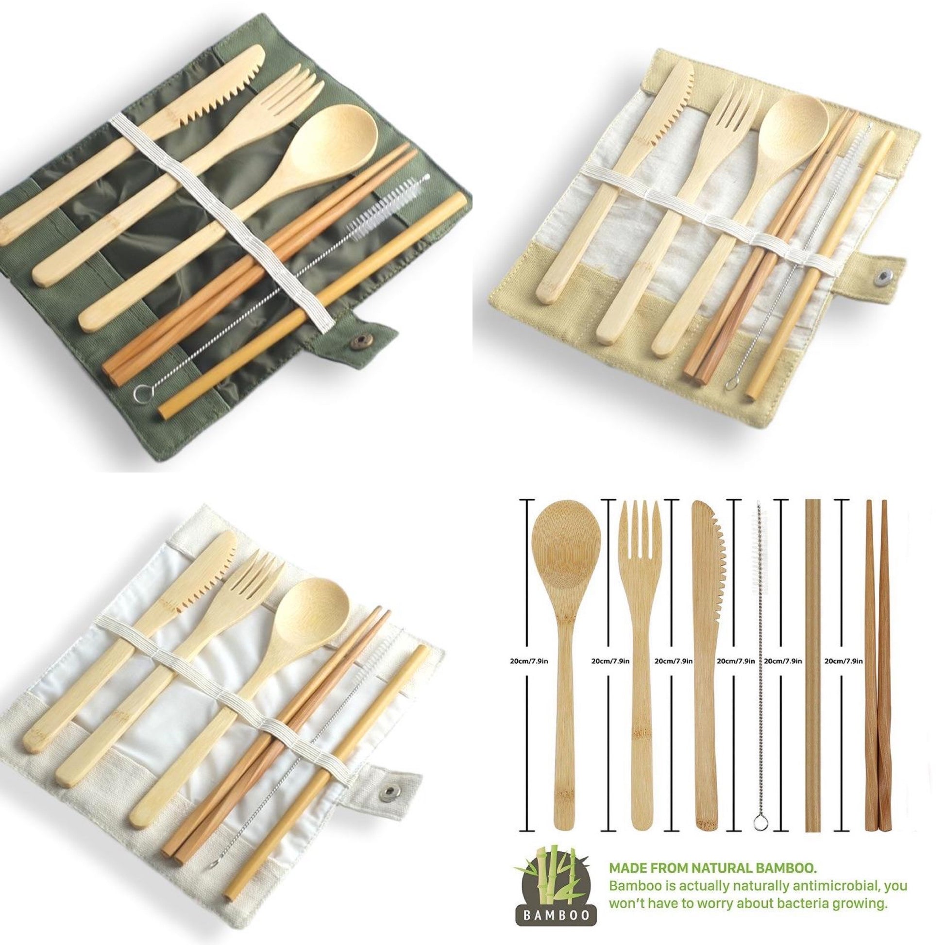 Alle drei Varianten Bio-Bambusbesteck Set 7-teilig Gabel, Löffel, Messer, Essstäbchen, Strohhalm, Reinigungsbürste