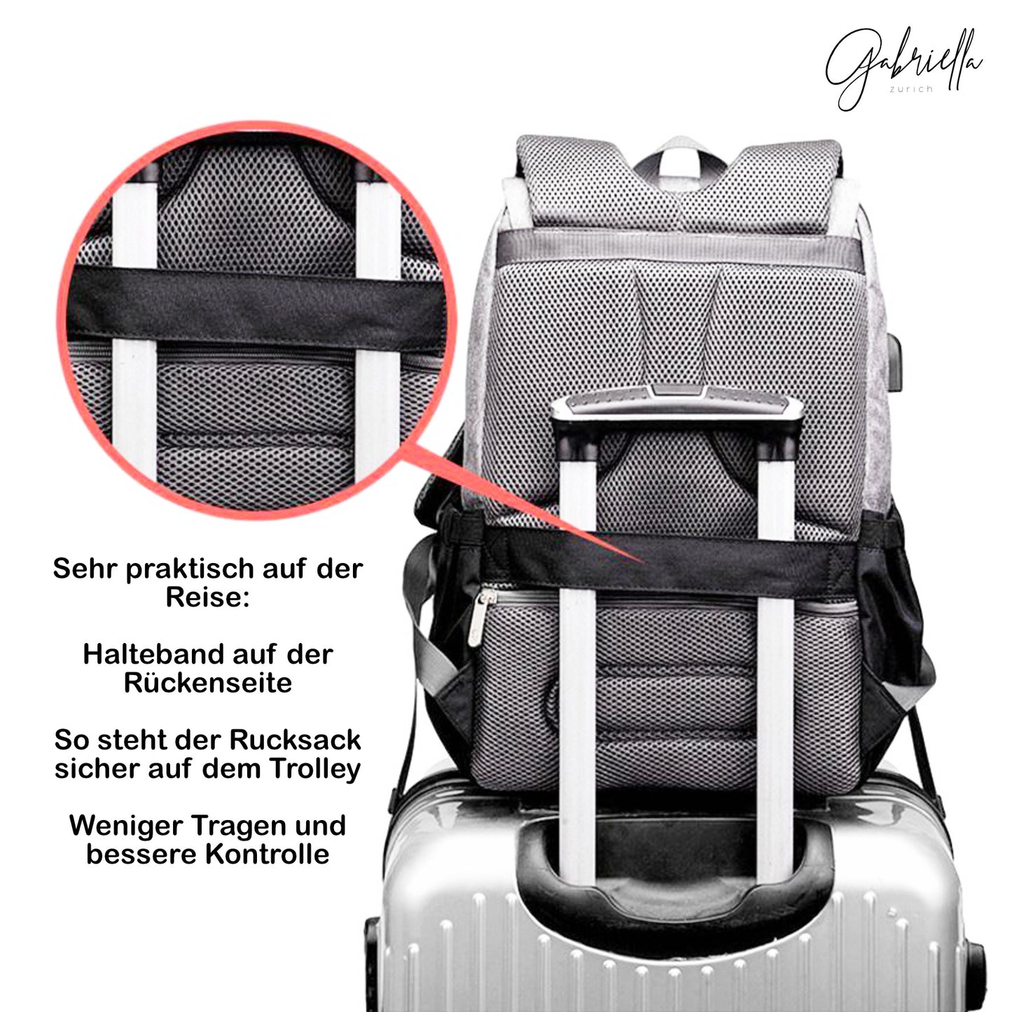 Praktischer Halte-Gurt zur Befestigung am Trolley Handgepäck Moderner Rucksack mit viel Stauraum USB Anschluss Wasser abweisend Baby Windeln