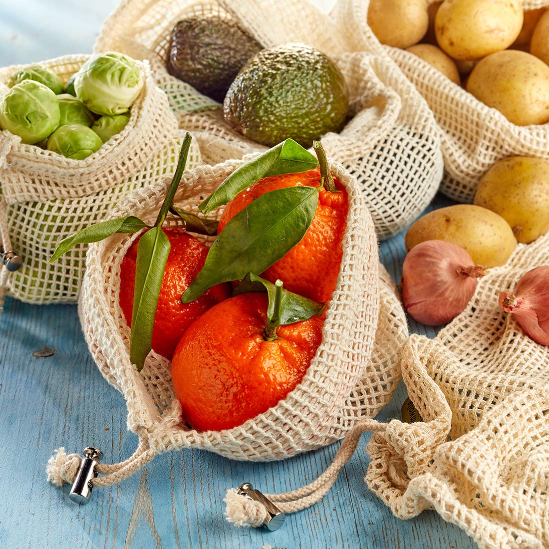 6 (9, 12) x Set Baumwolle Netz-Beutel Taschen für Obst und Gemüse Einkauf Zero Waste Gratis Eil Versand