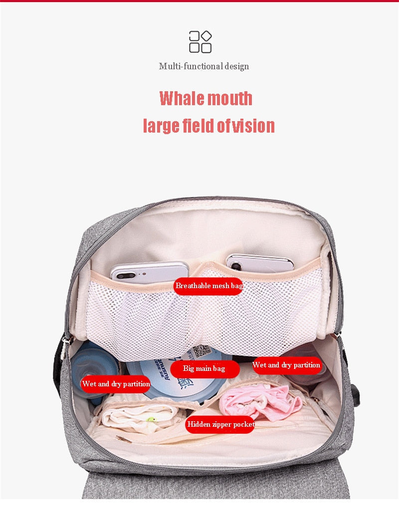 Inhalt Moderner Rucksack mit viel Stauraum USB Anschluss Wasser abweisend Baby Windeln