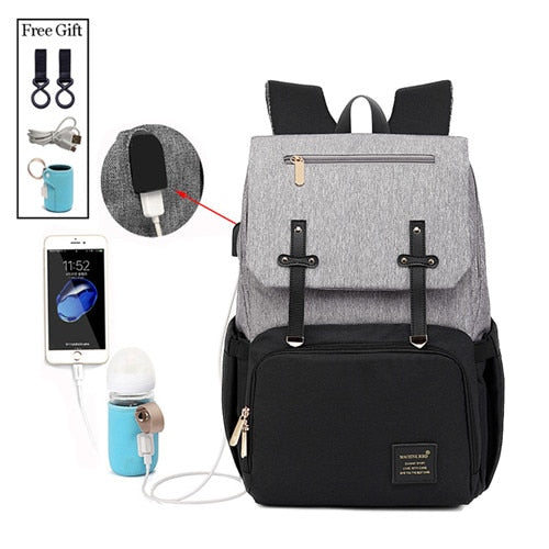 Grau Schwarz Moderner Rucksack mit viel Stauraum USB Anschluss Wasser abweisend Baby Windeln